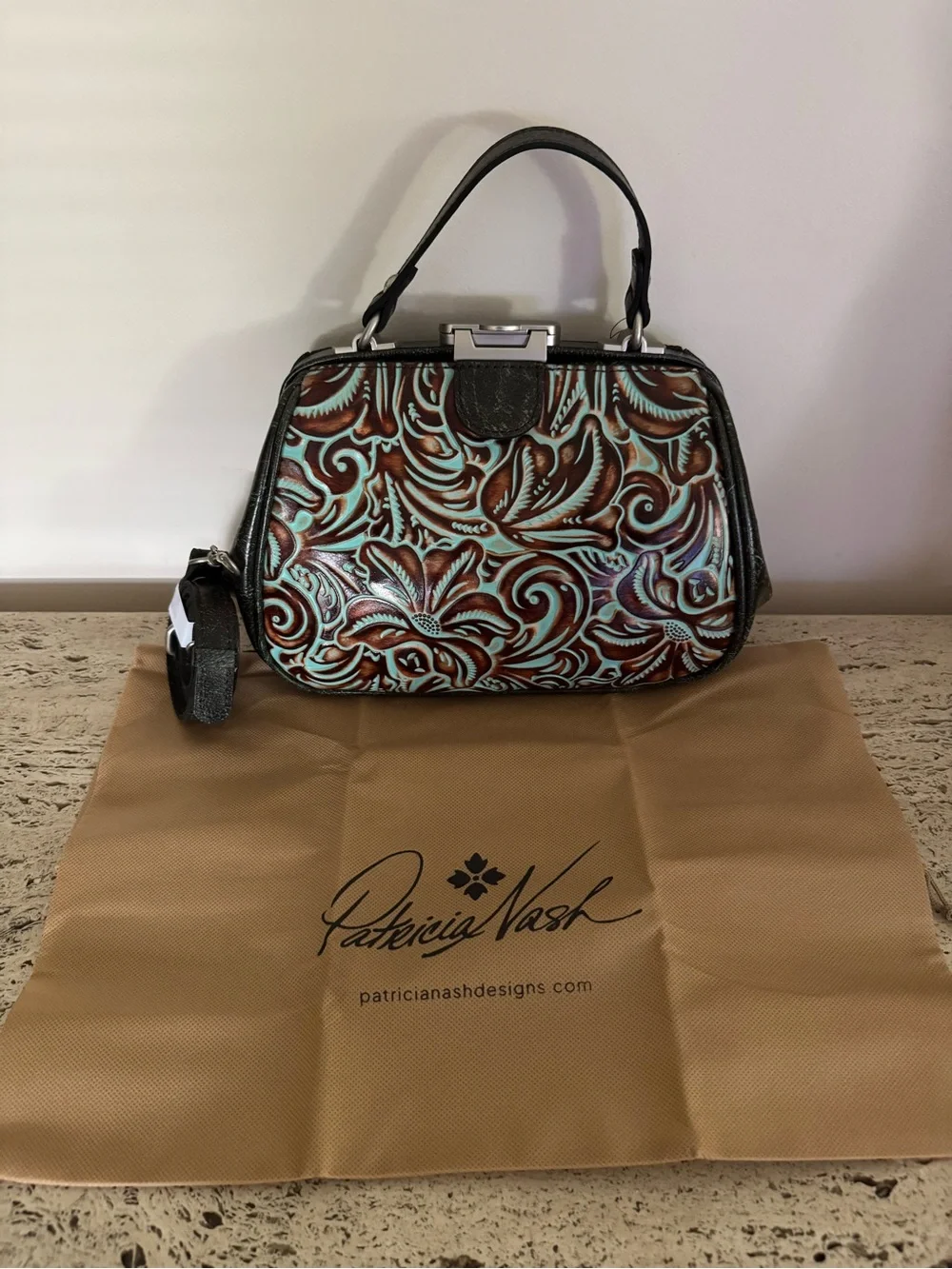 Patricia Nash Gracchi Turquoise Tooled Leather Frame Satchel. MSRP $279